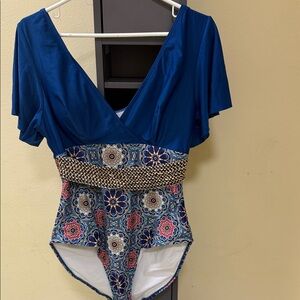 SHEIN Blue and Patterned One-Piece Swimsuit